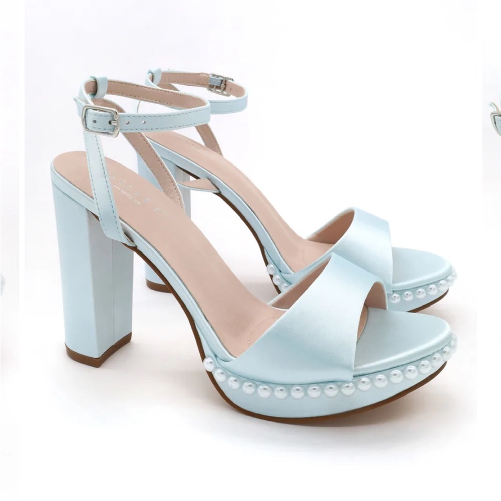 Kailee P Athena Satin Platform Block Heel Wedding Sandals with Pearls